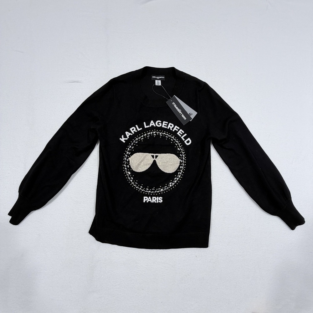 NEW Karl Lagerfeld Sweater Women Sz S Black Rhinestone Logo Crewneck Paris